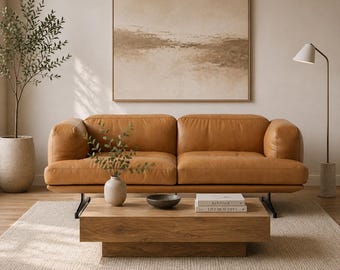 Modern Leather Sofa, Scandinavian Minimalist Couch, Luxury 2 Seater, Black Metal Legs