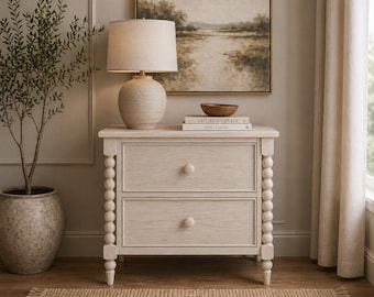 Whitewash Nightstand 2 Drawers, Rustic Modern Wood Bedside, Farmhouse Style