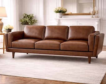 Dark Brown Leather Sofa 90”, Genuine Leather 3 Seat Couch, Modern Living Room