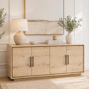 Aparador de roble de 79”, buffet natural claro, consola de almacenamiento tipo credenza rústica moderna