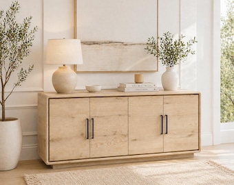 79” Oak Sideboard, Light Natural Buffet, Modern Rustic Credenza Storage Console