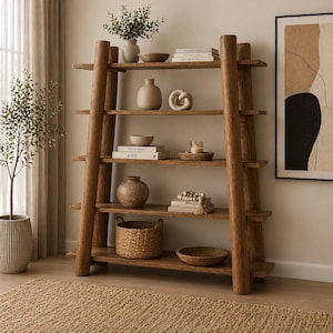 May include: A wooden bookshelf with five shelves, filled with decorative items. The shelves hold vases, bowls, books, a candle, and a woven basket. The bookshelf is made of light brown wood and has a ladder-like design.
