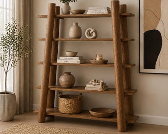 Estante Pomona em madeira maciça, estante em formato de A em acácia, prateleiras abertas modernas, armazenamento rústico para sala de estar.