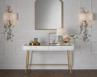 White Gold Vanity Desk, 2 Drawer Makeup Table, Glass Top, Luxury Modern
