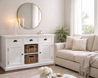 French Coastal Buffet, White Farmhouse Sideboard with Rattan Baskets, 3 Drawer Storage