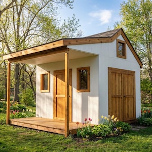 Puede incluir: Un pequeño cobertizo de madera blanco con techo y molduras marrones. El cobertizo tiene un porche con una terraza de madera y está rodeado de césped verde y flores coloridas. El cobertizo tiene dos ventanas y dos puertas.