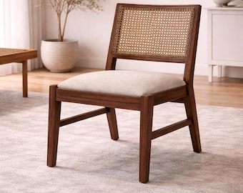Cane Back Dining Chair, Solid Oak Wood Frame, Cream Upholstered Seat, Mid Century Modern