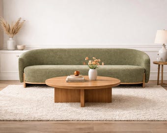 Sofá curvo tapizado, sofá tipo barril con base de madera maciza de roble, muebles minimalistas para sala de estar.
