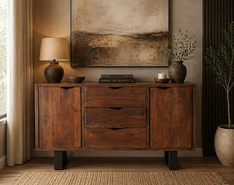 Aparador de nogal de 54", vitrina de madera maciza de acacia, mueble de almacenamiento moderno de estilo industrial con patas de hierro.