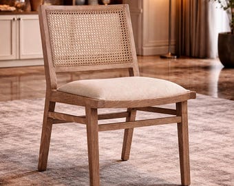 Cream Cane Back Dining Chair, Upholstered Seat, Whitewashed Wood Frame, Farmhouse Style