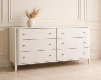Alabaster White 6 Drawer Dresser, Gold Hardware, Modern Luxury Bedroom Storage