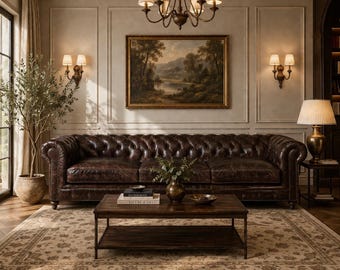 Sofá Chesterfield de cuero marrón de 118 pulgadas, sofá de lujo con brazos enrollados, estructura de madera maciza para sala de estar.