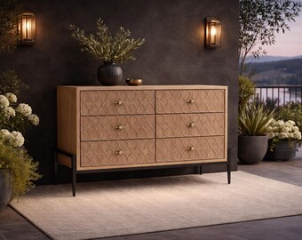 Pine Wood 6 Drawer Dresser, Industrial Chest with Black Iron Base, Rustic Storage