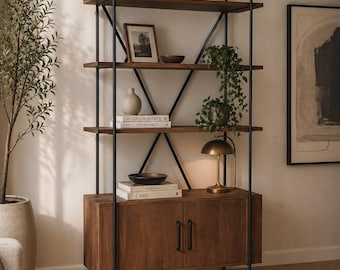 Libreria in legno e metallo da 46 pollici, scaffale moderno in stile industriale con armadietto contenitore.
