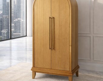 Mueble bar arqueado de madera clara con espejo, almacenamiento de licores rústico moderno, bar alto para el hogar