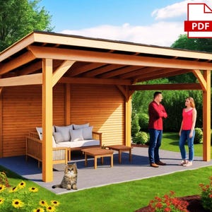 Buitenpaviljoen 14 x 20 DIY-blauwdruk tuinhuisje blauwdrukken. Pavilionplannen voor paalschuur met dubbele aangebouwde pergolaconstructies met schaduw in de achtertuin