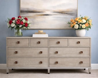 Smoke Gray Oak 8 Drawer Dresser, Vintage Double Bedroom Storage