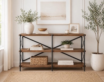 56” Walnut Live Edge Bookshelf, Acacia Wood Shelves, Industrial Iron Frame