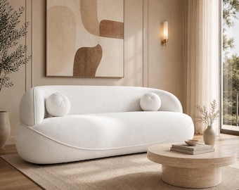 Cream Boucle Sofa , Japandi Curved Couch, Minimalist Modern Living Room Furniture