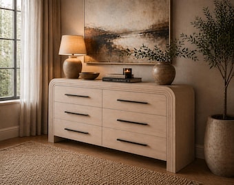 68" Wooden Dresser, 6 Drawer Storage Chest, Bleached Oak Rubberwood, Modern Bedroom Furniture