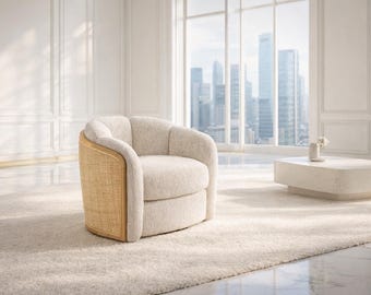 Bouclé Swivel Accent Chair, Barrel Armchair, Modern Japandi Upholstered Lounge