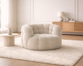 Drehbarer Akzentstuhl aus Flas, cremefarbener Polstersessel, moderne gemütliche Lounge-Sitzgelegenheit