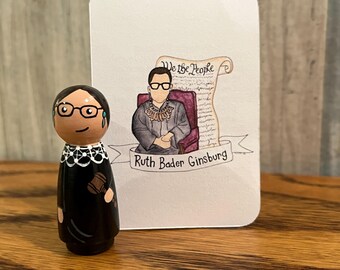 Ruth Bader Ginsburg, boneca de madeira pintada à mão, mulher inspiradora, pioneira, presente para ela, brinquedo educativo, história das mulheres, decoração de escritório