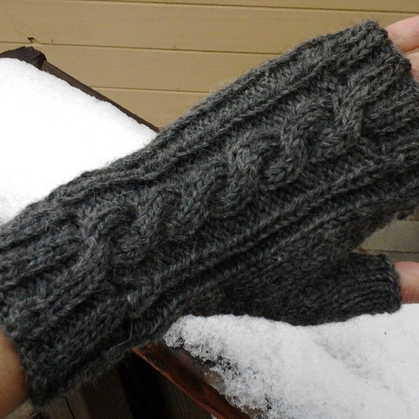 Wool Cable Knit Fingerless Gloves Charcoal Heather