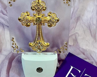 Golden Rhinestone Cross Night Light: Crushed Glass in Resi, 3D, LED with Dusk-to-Dawn Sensor