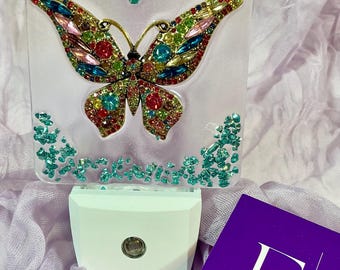 Rhinestone Butterfly Night Light, Resin Crushed Glass LED, Dusk to Dawn
