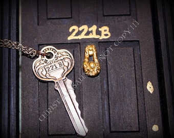 Sherlock Holmes 221B House Key Necklace with your choice of Charm added