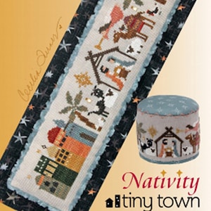 May include: A cross-stitch pattern for a nativity scene with a tiny town. The pattern features a blue and white background with stars and a beige centre with a nativity scene and a small town. The pattern is titled "Nativity tiny town".
