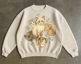 Vintage Watercolor Kitten sweatshirt, Soft Pastel Illustration Crewneck, Cozy Cat Lover Gift