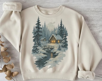 Retro Cozy Cabin in Woods Nature Vintage Sweatshirt | Winter Forest Cottage Scene,