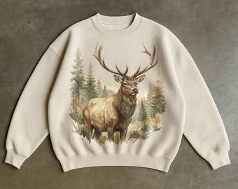 Majestic Elk Forest Sweatshirt Vintage Wildlife Nature Art Crewneck for Outdoor, Cabin & Woodland Style