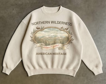 Vintage crewneck sweatshirt, Northern Wilderness mountain Nature Expedition , American Heritage outdoors design