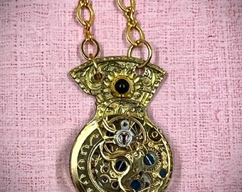 Steampunk Jewelry, Necklace, Featuring A Rare Antique Filigree Fusee Verde Base, EK Original, Ornate Watch Parts Gold Tone Necklace