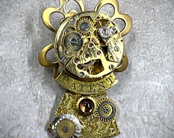 Steampunk Brooch Pin, Featuring A Rare Antique Filigree Fusee Verde Base, EK Original, Ornate Watch Parts Gold Tone Pin