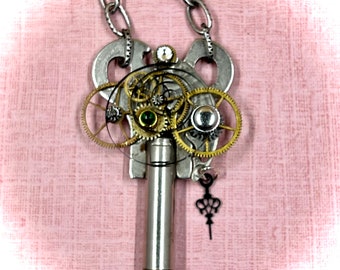 Steampunk Jewelry, Necklace, “The  Key To The Past” Clock Key Necklace, Watch Part Necklace, EK Creations Original