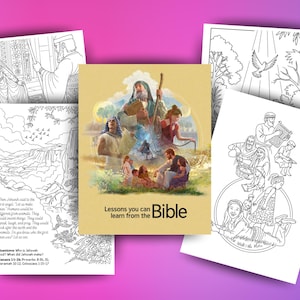 May include: A collection of coloring pages and a book titled "Lessons you can learn from the Bible." The book cover features a watercolor illustration of biblical figures. The coloring pages depict various scenes and figures from the Bible.