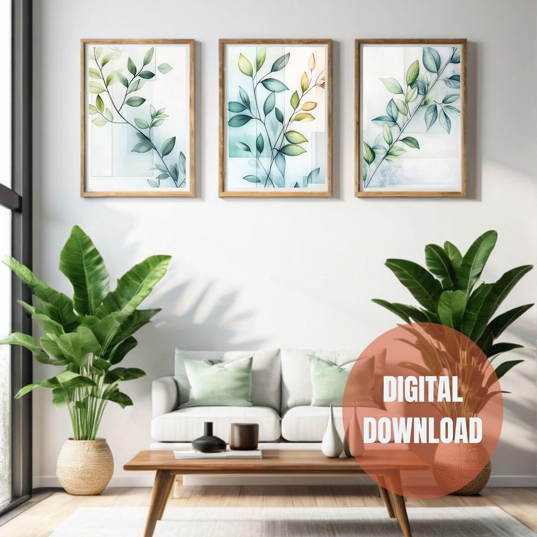 Green and Blue Leaf Wall Art Set - 3 Piece Printable Decor | Modern ...