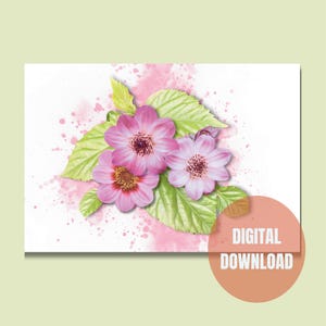 Peut inclure: Téléchargement numérique d'une peinture à l'aquarelle représentant des fleurs roses et des feuilles vertes sur un fond blanc avec des éclaboussures d'aquarelle roses.