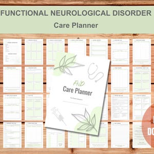 Peut inclure: Un planificateur de soins numérique pour les troubles neurologiques fonctionnels. Le planificateur comprend diverses formulaires et pages, avec le titre "FND Care Planner" et les mots "Téléchargement numérique". Le design intègre des feuilles vertes et des illustrations médicales.