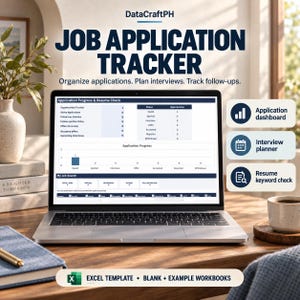 Puede incluir: Una pantalla de portátil que muestra una hoja de cálculo de seguimiento de solicitudes de empleo de DataCraftPH. La interfaz incluye un panel de progreso, un planificador de entrevistas y una verificación de palabras clave. Texto: Job Application Tracker, Organize applications. Plan interviews. Track follow-ups, y Excel Template. Blank + Example Workbooks.