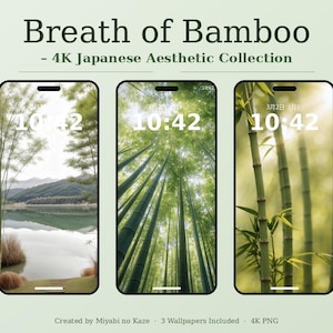 以下が含まれることがあります： 3つのスマートフォン画面に、穏やかな竹林の風景が表示されています。画面には10:42と表示されています。「Breath of Bamboo - 4K Japanese Aesthetic Collection」の文字が上部にあります。下部には「Created by Miyabi no Kaze - 3 Wallpapers Included - 4K PNG」と書かれています。