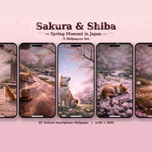 以下が含まれることがあります： 日本の春の風景をテーマにした、柴犬のスマートフォン用壁紙5枚セット。桜の木の下で様々なポーズをとる犬たちの画像で、「Sakura & Shiba - Spring Moment in Japan - 5 Wallpapers Set」の文字が入っています。解像度は2160 x 3840です。
