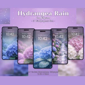 以下が含まれることがあります： アジサイをテーマにした壁紙を表示する5つのスマートフォン。壁紙には、青、紫、ピンクのアジサイが表示され、「Hydrangea Rain in Japan - 5 Wallpapers Set」の文字があります。各携帯電話は10:42を表示します。解像度は2160 x 3840です。