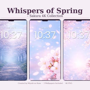 以下が含まれることがあります： 春をテーマにした壁紙を表示する3つの電話画面。壁紙は桜と森の中の小道が特徴です。各画面に時刻10:37が表示されます。上部のテキストには「Whispers of Spring - Sakura 4K Collection」と書かれています。