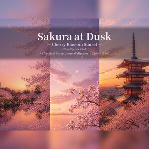 以下が含まれることがあります： 「Sakura at Dusk」と題された、3つの縦型スマートフォン用デジタルアートワークセット。桜、夕焼け、日本の塔が描かれています。「Cherry Blossom Sunset - 3 Wallpapers Set - 4K Vertical Smartphone Wallpaper | 2160 x 3840」と書かれています。
