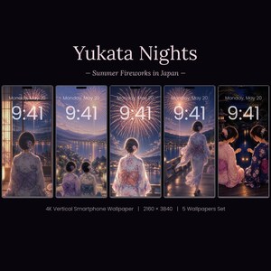 以下が含まれることがあります： Yukata Nights - Summer Fireworks in Japanというタイトルの5枚の4K縦型スマートフォン用壁紙のデジタルセット。各画像には9時41分の時刻と日付が表示されており、浴衣を着た人々が湖の上で花火を見ているイラストが描かれています。